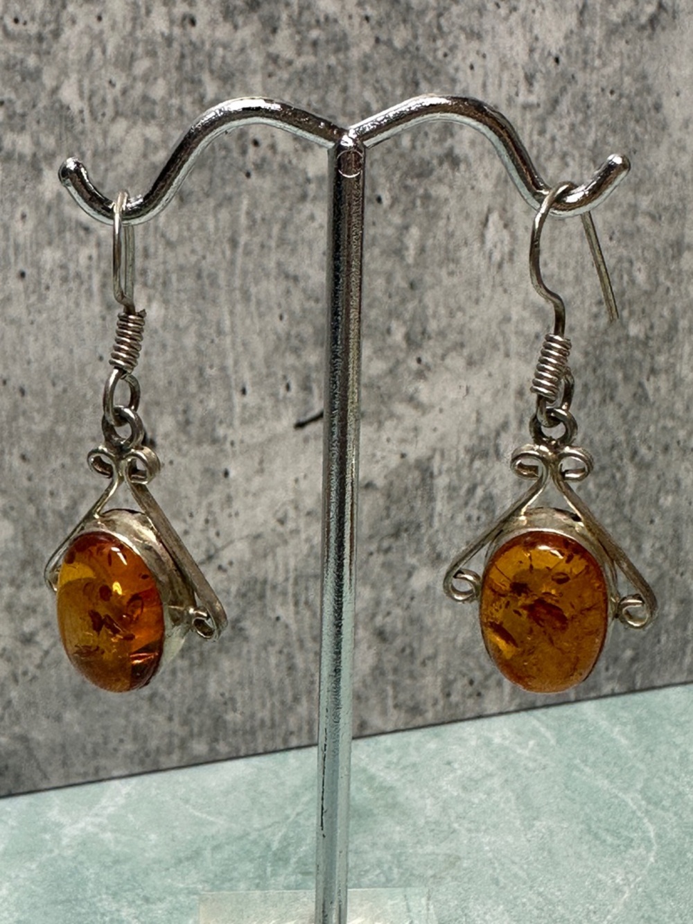 Amber Oval Dangle Earrings Silver Pierced Earrings